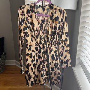 Leopard Print Long Sleeve Silk Dress